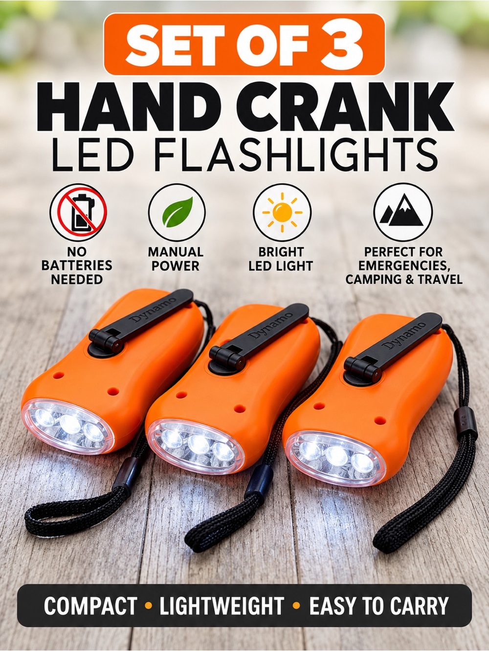 3 Pack Orange Hand Crank LED Flashlights Portable Camping Lights